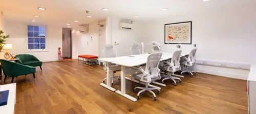 An office with white chairs.