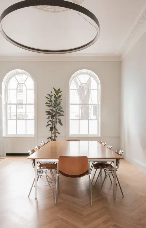 Meeting room at 9 Stratford Place with a long wooden table, metal-framed chairs, herringbone wood floor, two arched windows and a circular pendant light below a moulded ceiling.