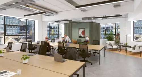 An office with wooden desks.